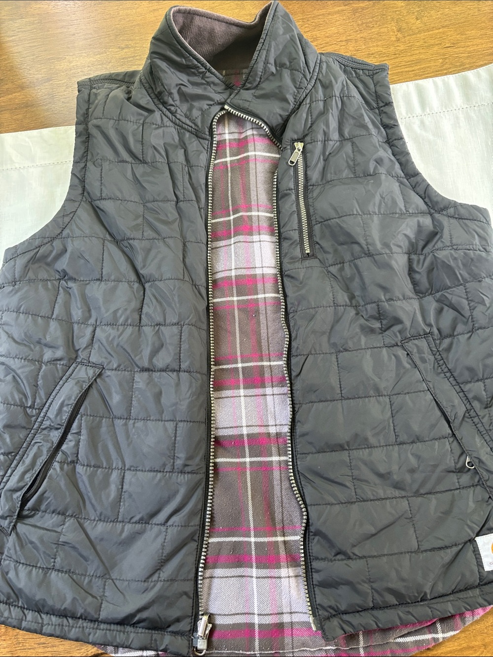Vintage Carhartt Amoret  Reversible Flannel Puff Vest L Y2K Black Pink Gorpcore - Picture 9 of 9
